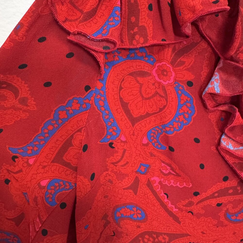 Ted Baker MiB Engels Red Ruffle Self Tie Crepe Paisley Print Blouse Size 1 Small - Picture 7 of 11